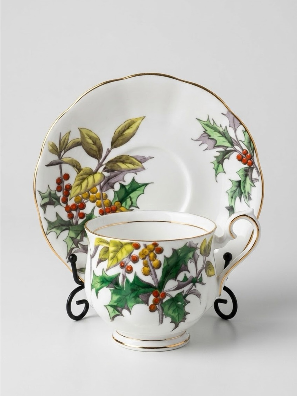 Royal Albert Flower of the Month Holly Footed Teacup and Saucer Set Vintage